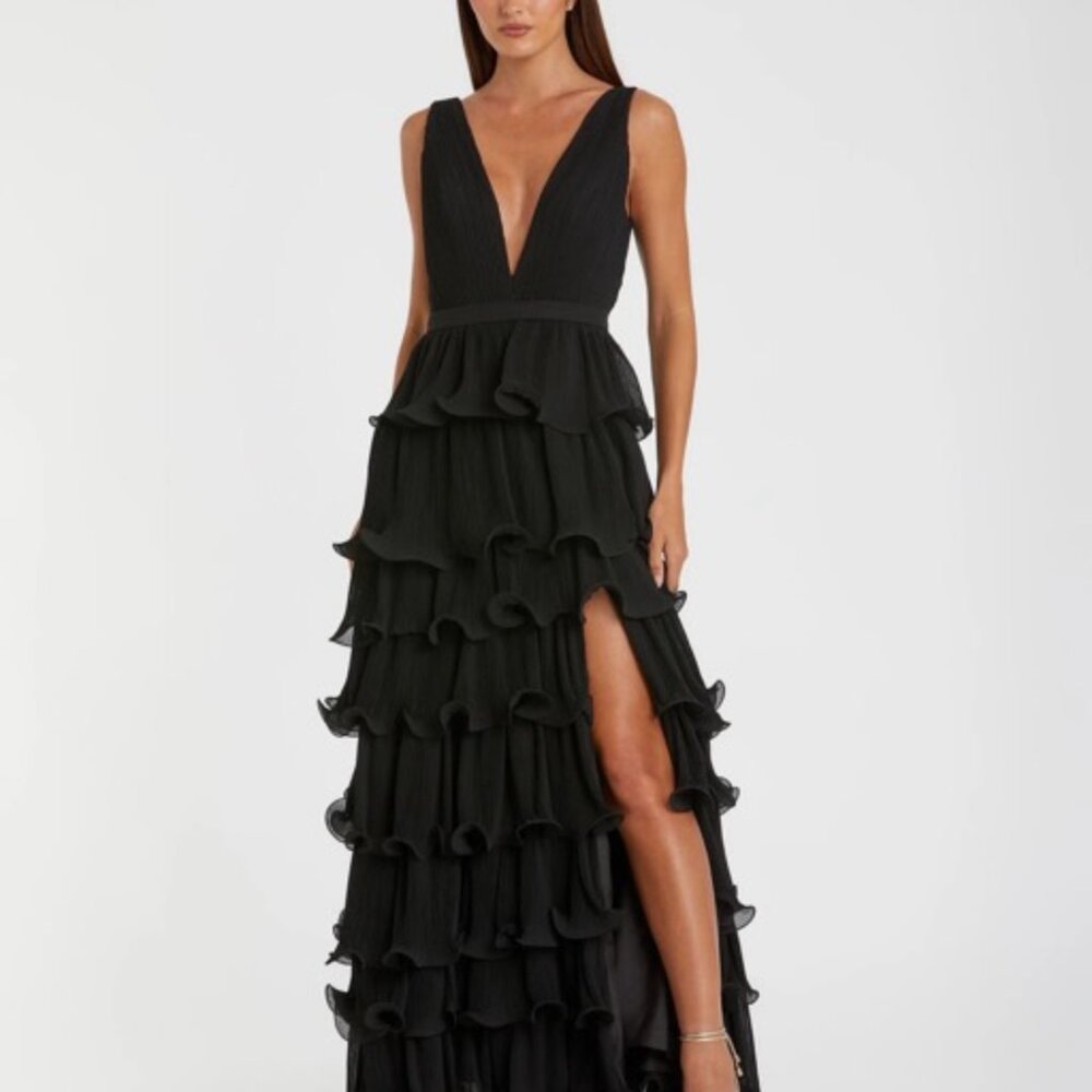 Soft Sage Green Sleeveless Ruffle Tiered V Neck Gown
